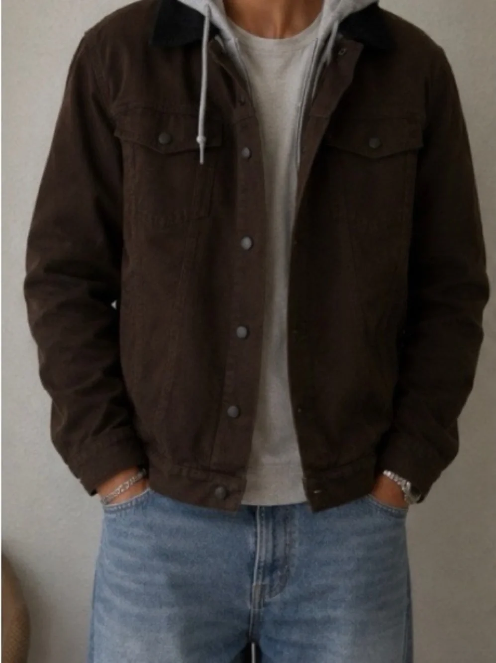 Vans Vintage Men's Dark Brown Button-Up Jacket with Contrast Collar